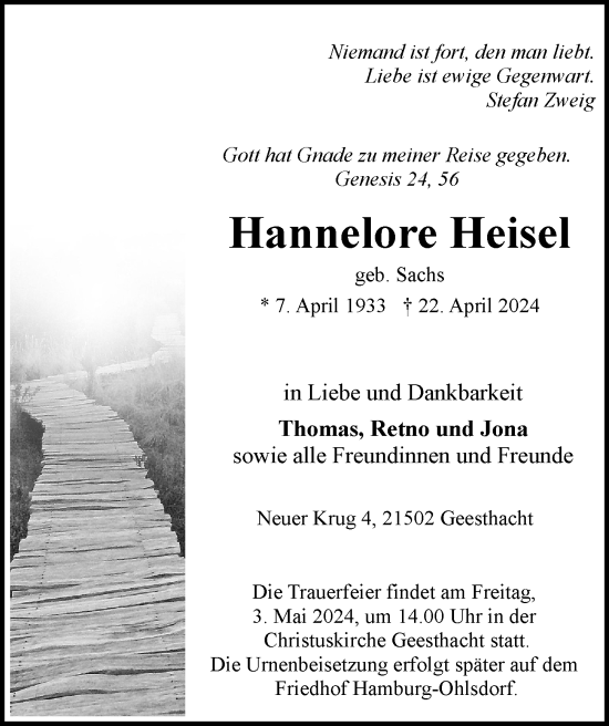 Traueranzeige von Hannelore Heisel von Hamburger Abendblatt