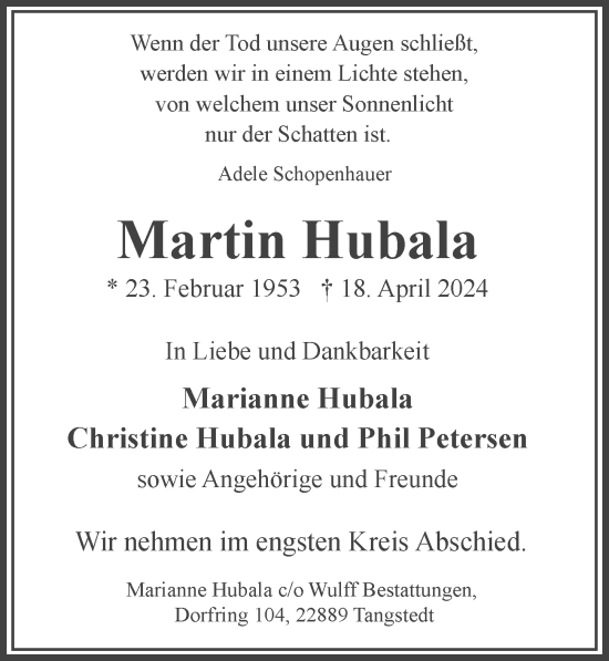 Traueranzeige von Martin Hubala von Hamburger Abendblatt