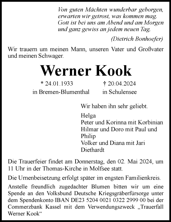 Traueranzeige von Werner Kook von Hamburger Abendblatt