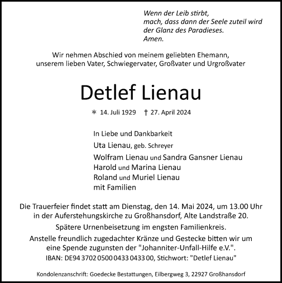 Traueranzeige von Detlef Lienau von Hamburger Abendblatt