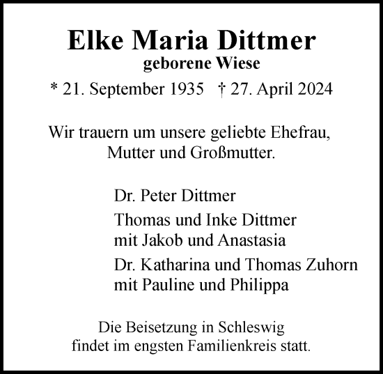 Traueranzeige von Elke Maria Dittmer von Hamburger Abendblatt