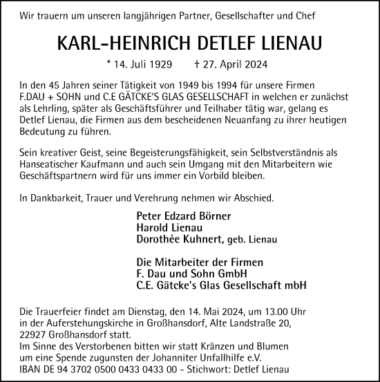 Traueranzeige von Karl-Heinrich Detlef Lienau von Hamburger Abendblatt