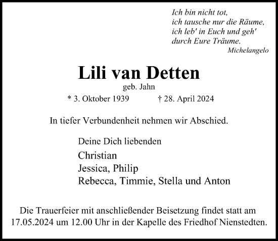 Traueranzeige von Lili van Detten von Hamburger Abendblatt